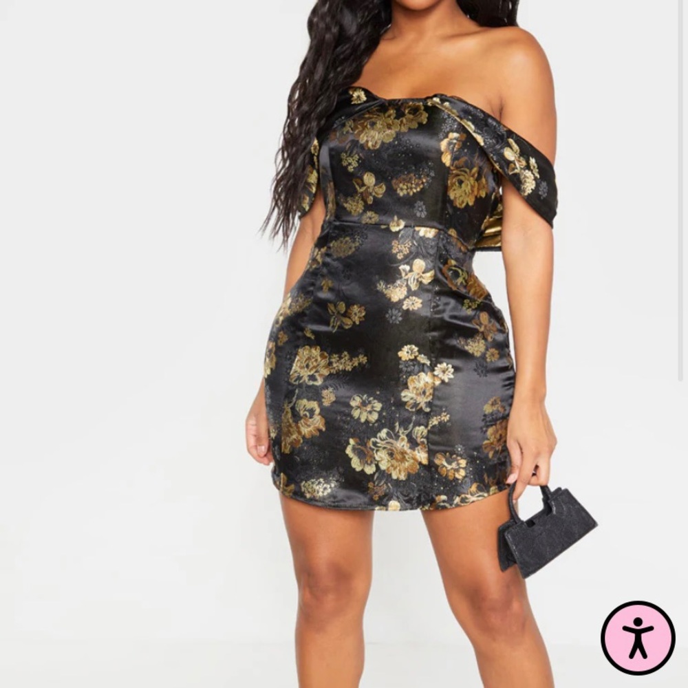 NWT PrettyLittleThing black and gold Bardot mini dress, 14